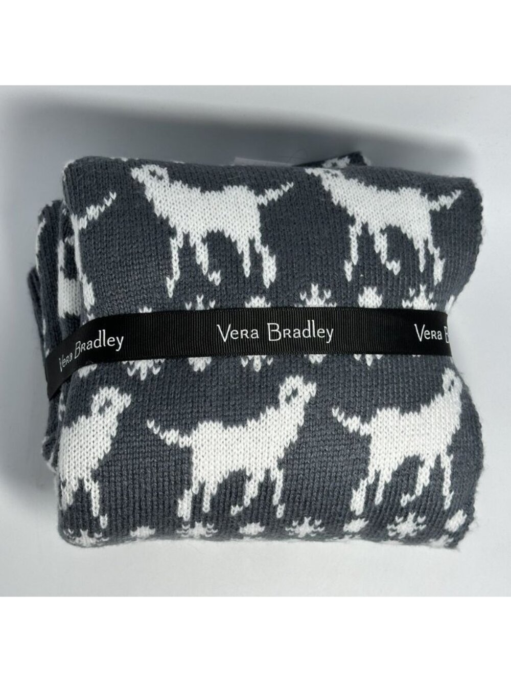 Vera Bradley Holiday Dogs Print Two Sided Gray Fleece Cozy Winter Scarf NWT